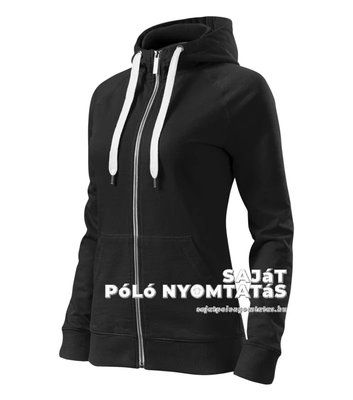 Női pulóver kapucnis nyomás fekete