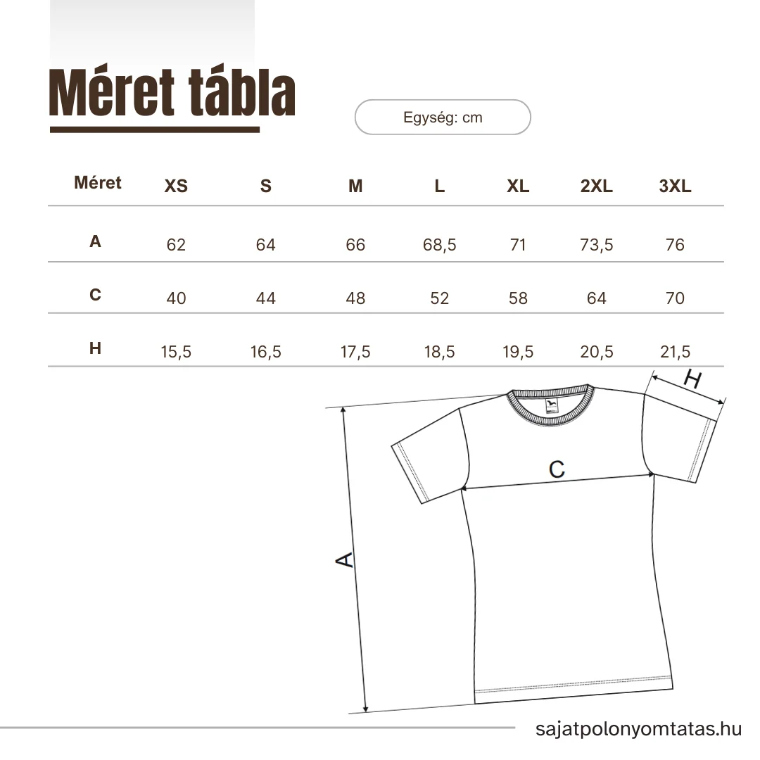 rövid ujjú női organikus póló nyomtatás Sajatpolonyomtatas.hu méret tábla